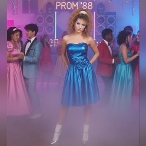 Vintage Loralie Original 80's Lamé Metallic Strapless Blue Bow Dress Sweetheart